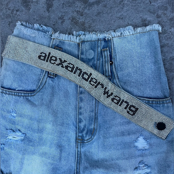 Alexander Wang rhinestone belt Blue Distressed Denim Shorts - Picture 4 of 9
